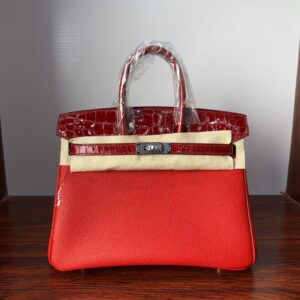 Birkin  25 Hand stitched Rouge Vif Touch Niloticus Crocodile Birkin 25 PHW  Handcrafted Saddle stitch authentic hand-sewn