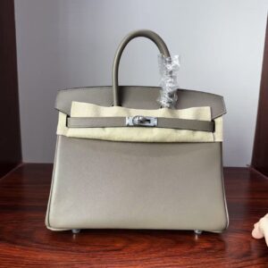 Birkin 25 Handcrafted Saddle stitch Gris Neve Swift Leather with Palladium Hardware Palladium Hardware Hand stitched authentic hand-sewn