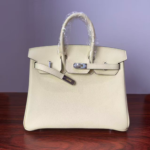 Birkin 25 Bleu Lin Swift Palladium Hardware  Jaune Milton Handmade women's handbag Biscuit-colored Swift leather
