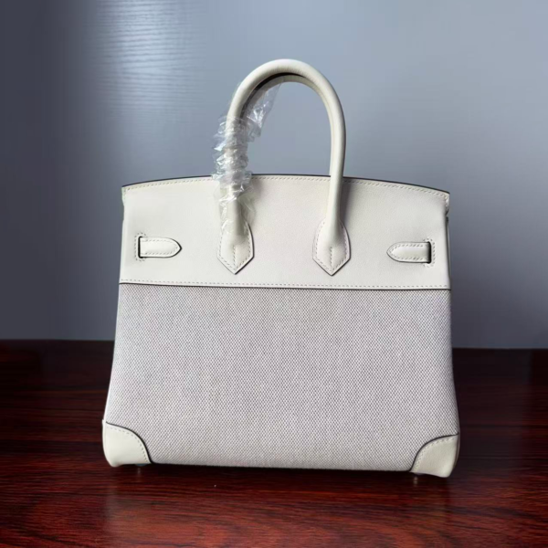 Birkin 25 authentic hand-sewn Canvas & Swift Leather, Cream White (Nata), Palladium Hardware Hand stitched Handcrafted 4 Birkin 25 authentic hand-sewn Canvas & Swift Leather, Cream White (Nata), Palladium Hardware Hand stitched Handcrafted