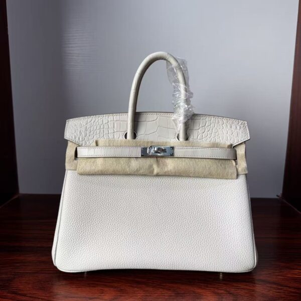Birkin 25 authentic hand-sewn Touch: Glacier White Crocodile/Togo Mix, Silver Hardware Handcrafted sophisticated 8 Birkin 25 authentic hand-sewn Touch: Glacier White Crocodile/Togo Mix, Silver Hardware Handcrafted sophisticated
