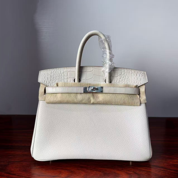 Birkin 25 authentic hand-sewn Touch: Glacier White Crocodile/Togo Mix, Silver Hardware Handcrafted sophisticated 1 Birkin 25 authentic hand-sewn Touch: Glacier White Crocodile/Togo Mix, Silver Hardware Handcrafted sophisticated