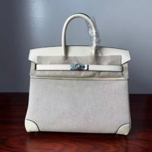 Birkin 25  authentic hand-sewn Canvas & Swift Leather, Cream White (Nata), Palladium Hardware Hand stitched Handcrafted