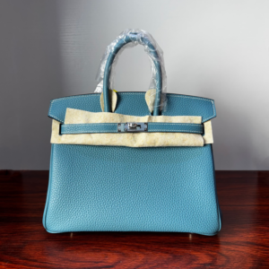 Birkin 25 Handcrafted  Saddle stitch Togo Leather in Denim Blue with Silver Hardware Hand stitched authentic hand-sewn