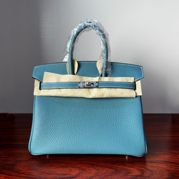Birkin 25 Handcrafted  Saddle stitch Togo Leather in Denim Blue with Silver Hardware Hand stitched authentic hand-sewn
