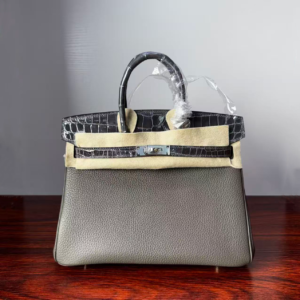 Birkin25 Hand stitched Handcrafted Graphite Grey,  Saddle stitch Niloticus Crocodile, Palladium Hardware authentic hand-sewn sophisticated