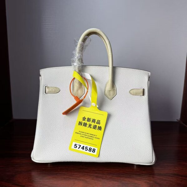 Birkin 25 Handcrafted Hand stitched Alligator Vanilla / Togo Mushroom White, Silver Hardware authentic hand-sewn Saddle stitch
