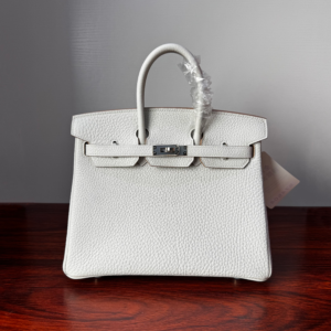Birkin25 Handcrafted Togo authentic hand-sewn Leather Mushroom White Silver Hardware Saddle stitch Hand stitched