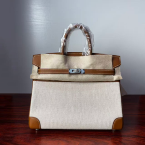 Birkin 25 Canvas & Togo Leather in Gold Brown with Silver Hardware