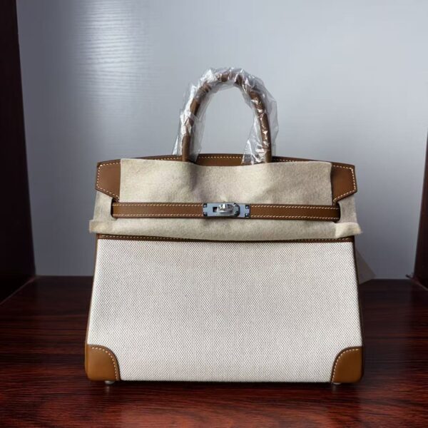 Birkin 25 Canvas & Togo Leather in Gold Brown with Silver Hardware 9 Birkin 25 Canvas & Togo Leather in Gold Brown with Silver Hardware