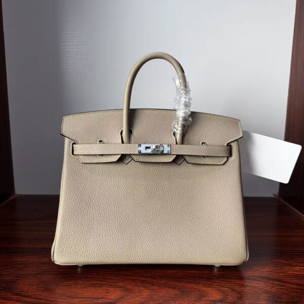 Birkin 25 Saddle stitch authentic hand-sewn Togo Leather in Trench Grey with Silver Hardware Hand stitched Handcrafted