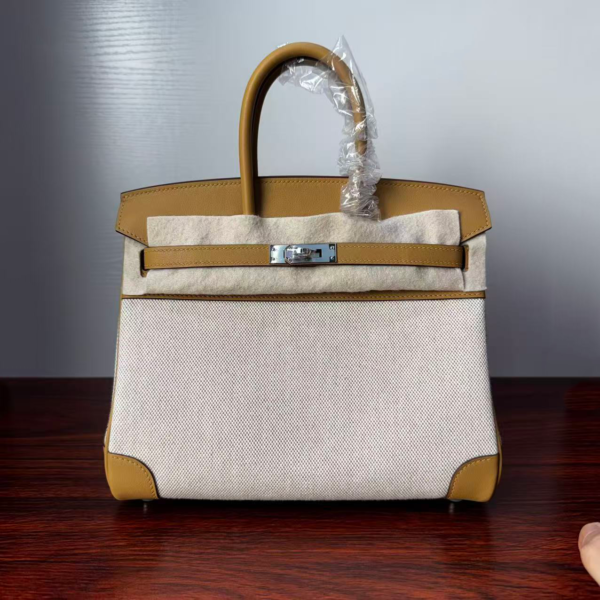 Birkin 25 Canvas & Leather, Biscuit Color, Silver Hardware Hardware Saddle stitch sophisticated
