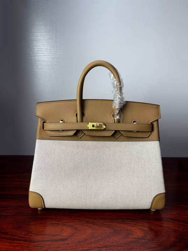 Birkin 25 Biscuit Canvas & Leather Gold Hardware authentic hand-sewn 1 Birkin 25 Biscuit Canvas & Leather Gold Hardware authentic hand-sewn