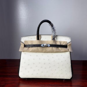 Birkin 25 Ostrich Black/White Silver Hardware authentic hand-sewn sophisticated
