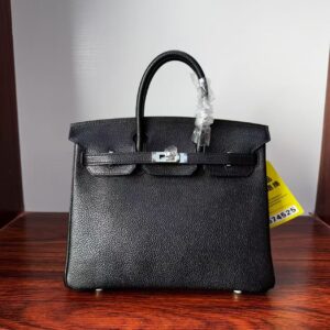 Birkin 25  Saddle stitch authentic hand-sewn Black Barenia Faubourg Saddle Leather Silver Hardware  Hand stitched Handcrafted