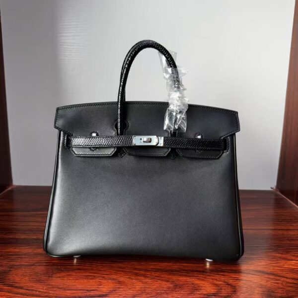 Birkin 25 Hand stitched Handcrafted Black Swift & Lizard Skin, Silver Touch Hardware Saddle stitch authentic hand-sewn