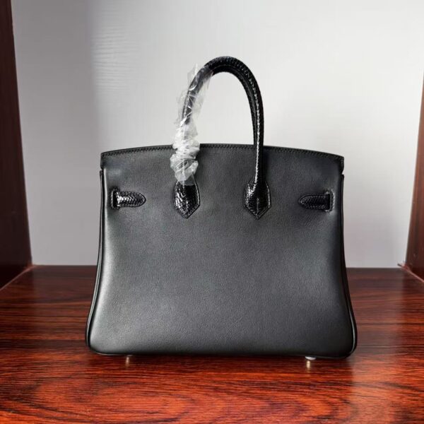Birkin 25 Hand stitched Handcrafted Black Swift & Lizard Skin, Silver Touch Hardware Saddle stitch authentic hand-sewn