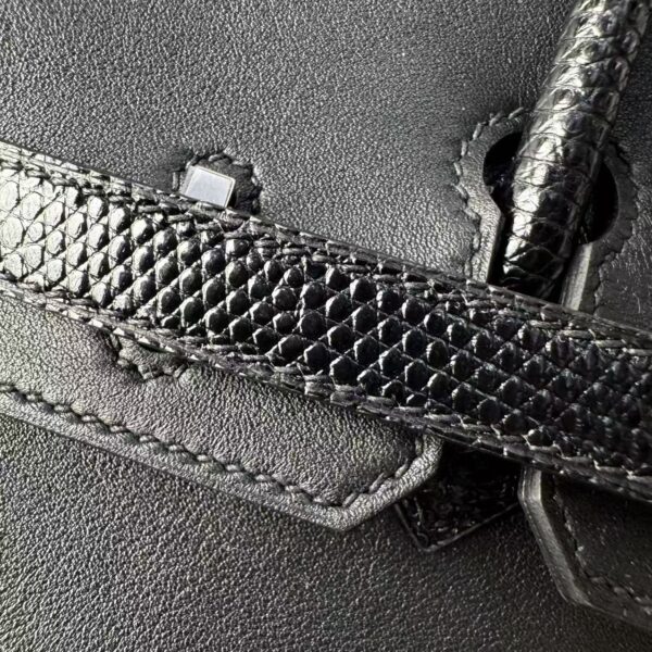 Birkin 25 Hand stitched Handcrafted Black Swift & Lizard Skin, Silver Touch Hardware Saddle stitch authentic hand-sewn