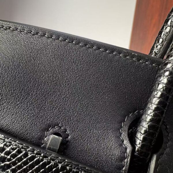 Birkin 25 Hand stitched Handcrafted Black Swift & Lizard Skin, Silver Touch Hardware Saddle stitch authentic hand-sewn