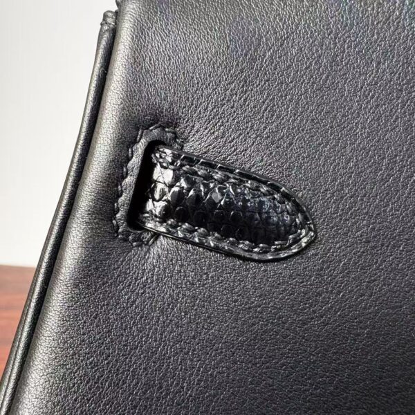 Birkin 25 Hand stitched Handcrafted Black Swift & Lizard Skin, Silver Touch Hardware Saddle stitch authentic hand-sewn