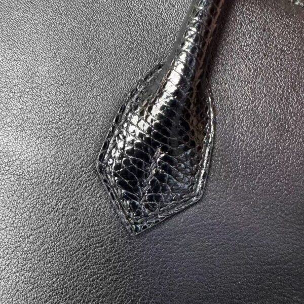Birkin 25 Hand stitched Handcrafted Black Swift & Lizard Skin, Silver Touch Hardware Saddle stitch authentic hand-sewn