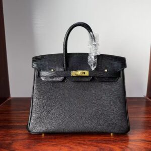 Birkin 25 Black Togo Leather with Lizard Skin Trim, Gold Hardware